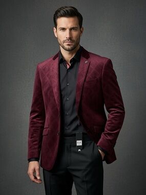 Burgundy Velvet Quilted Blazer for Men